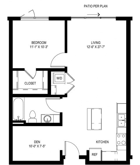 Floor plan for 1 bed, 1 bath, 757 sqft